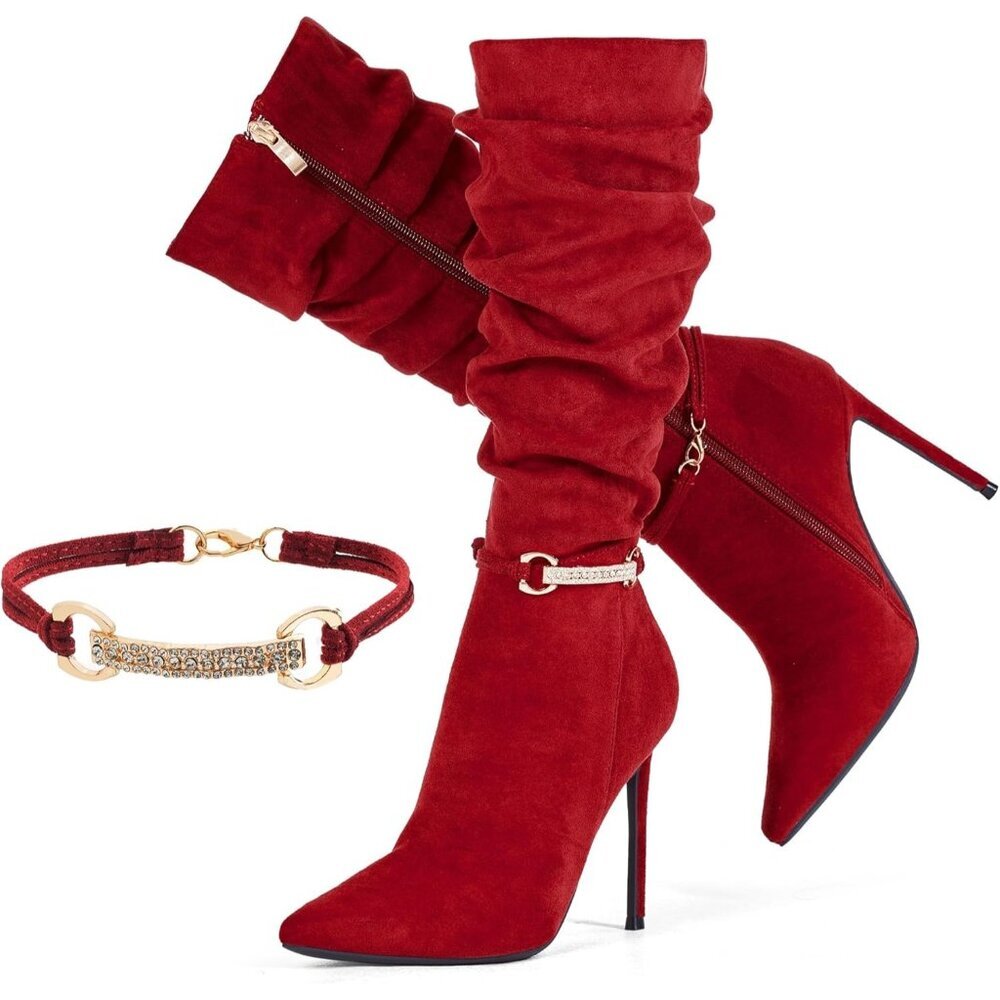Women's Sexy- Red Suede Knee High Side Zipper Pointed Toe Stylish Dress Boot